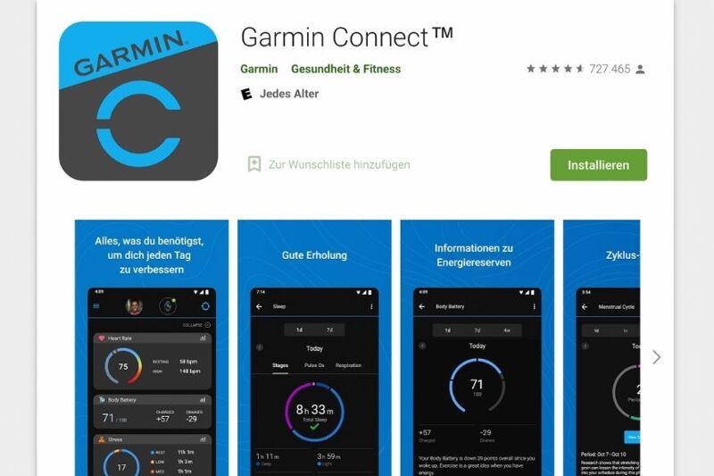 Man sieht die Garmin Connect App im Google Playstore.
